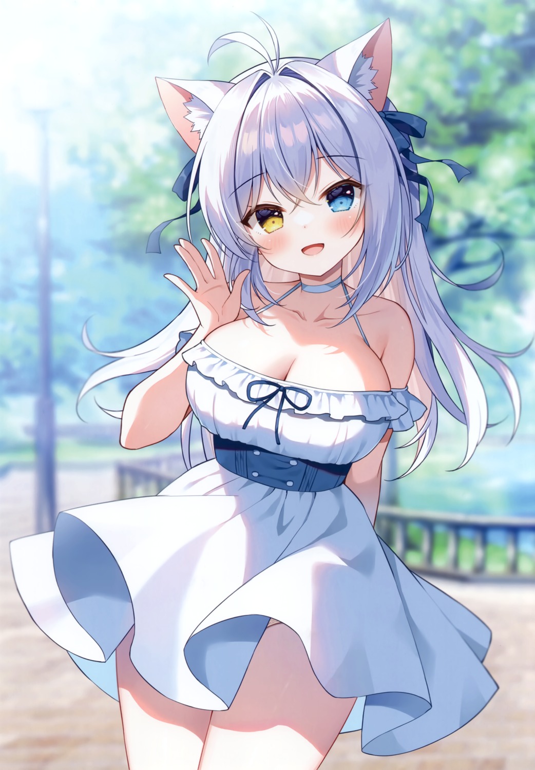 aina_rive animal_ears dress heterochromia mauve nekomimi no_bra nopan skirt_lift wata★punch