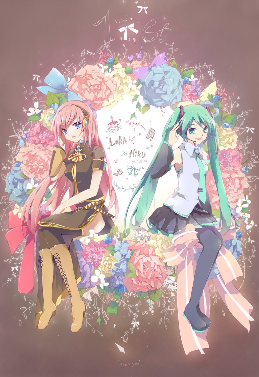 hatsune_miku headphones kiina megurine_luka thighhighs vocaloid