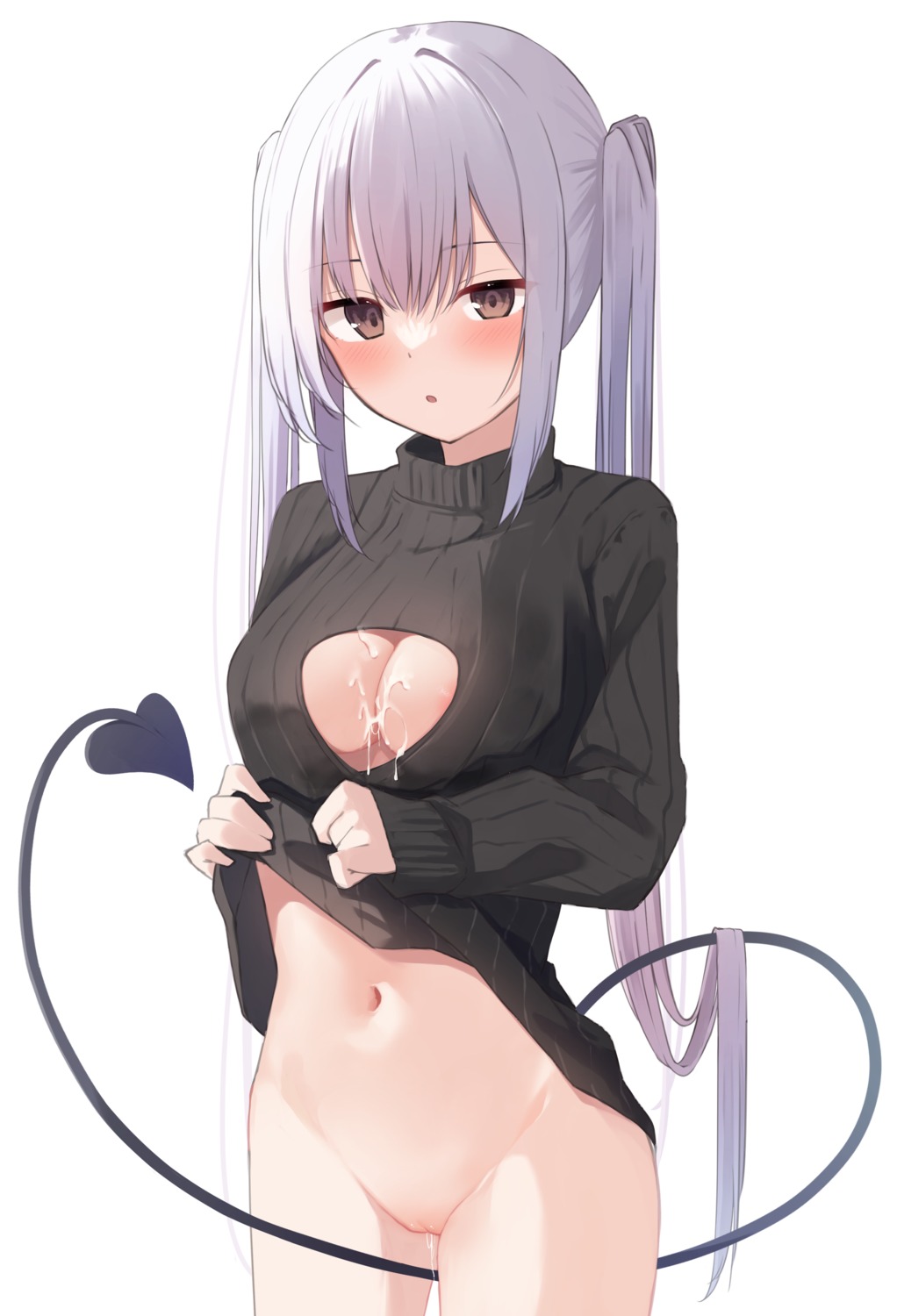 areola bottomless cum dress memekko no_bra pussy_juice skirt_lift sweater tail