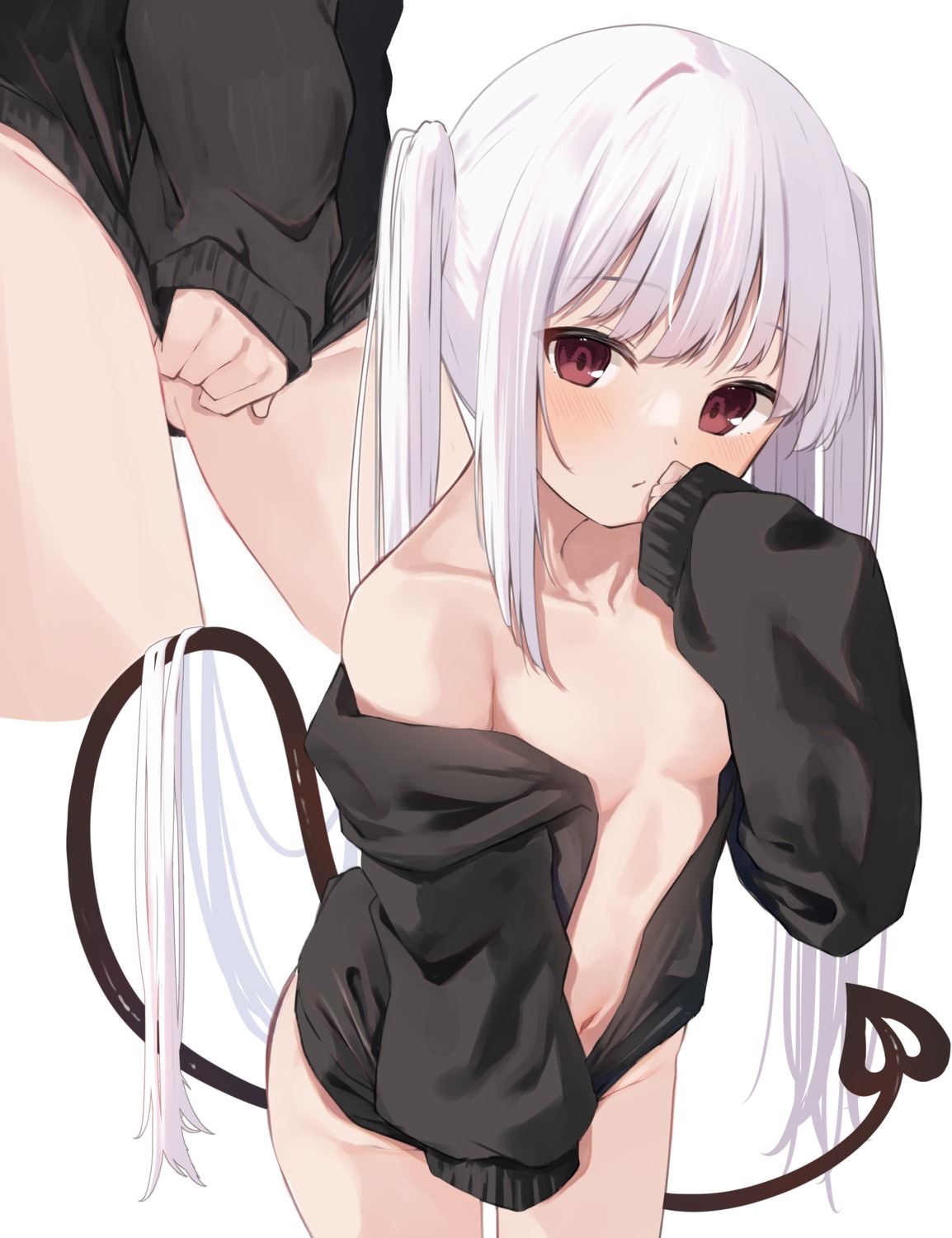 bottomless memekko no_bra open_shirt sweater tail