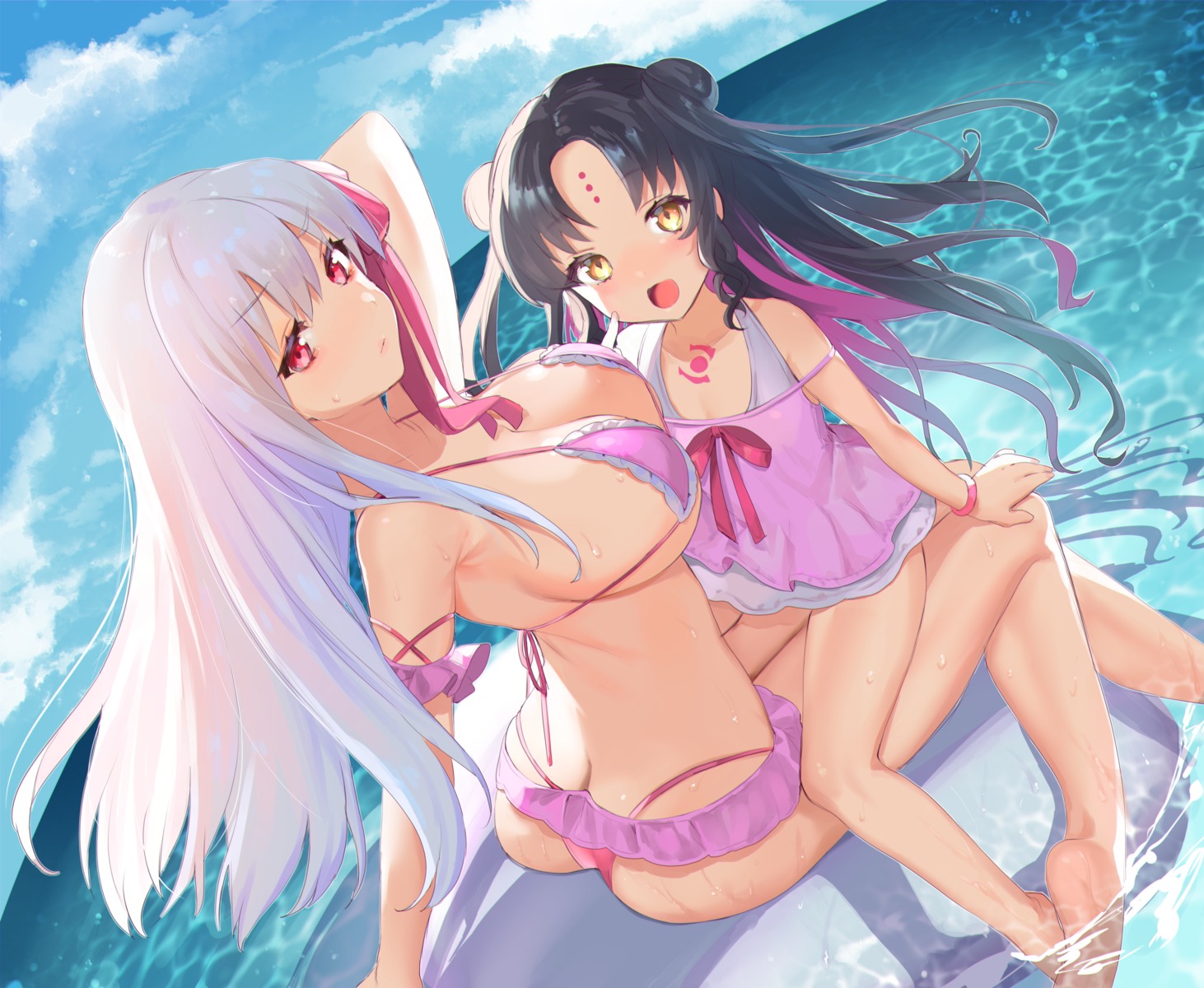 ass bikini bishooji erect_nipples fate/grand_order kama_(fate/grand_order) loli sessyoin_kiara swimsuits tattoo wet