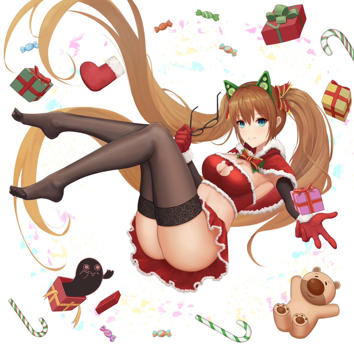 abeen_jhong animal_ears bra christmas cleavage feet megane nopan skirt_lift thighhighs