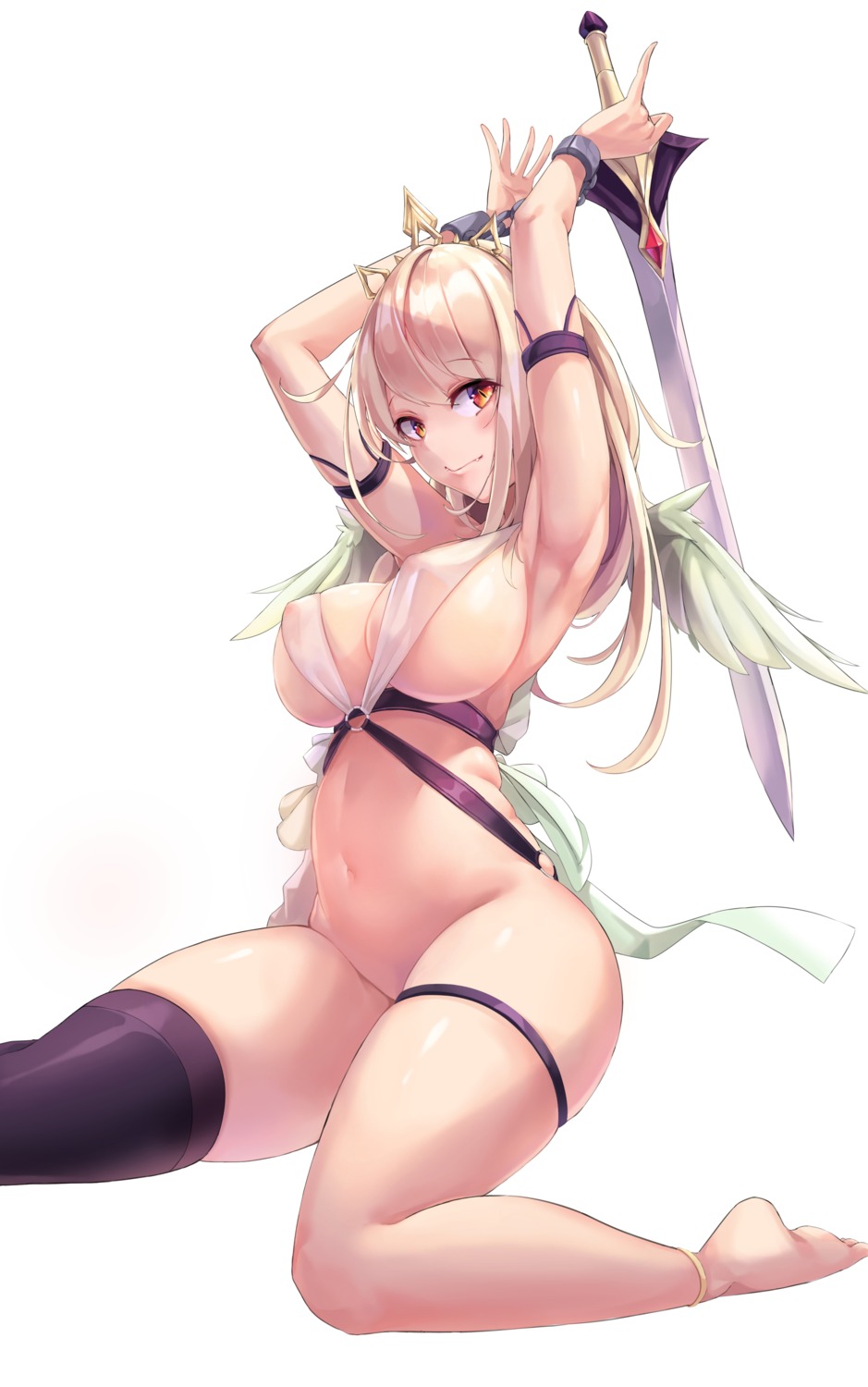 areola bottomless erect_nipples garter mac_(pixiv31869137) no_bra see_through sword thighhighs wings