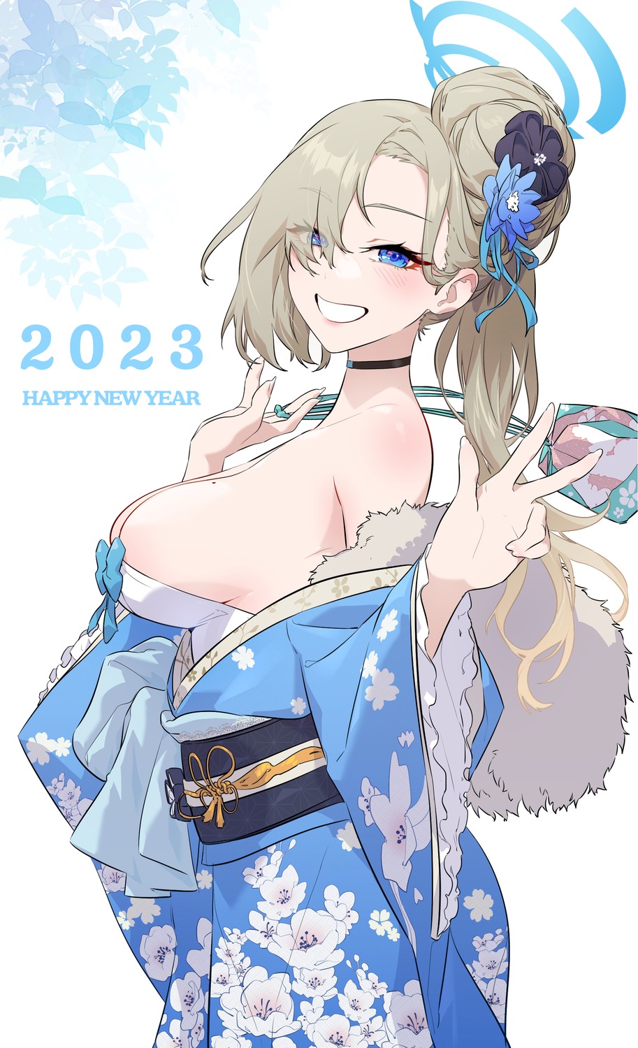 blue_archive halo ichinose_asuna jjjsss kimono no_bra open_shirt