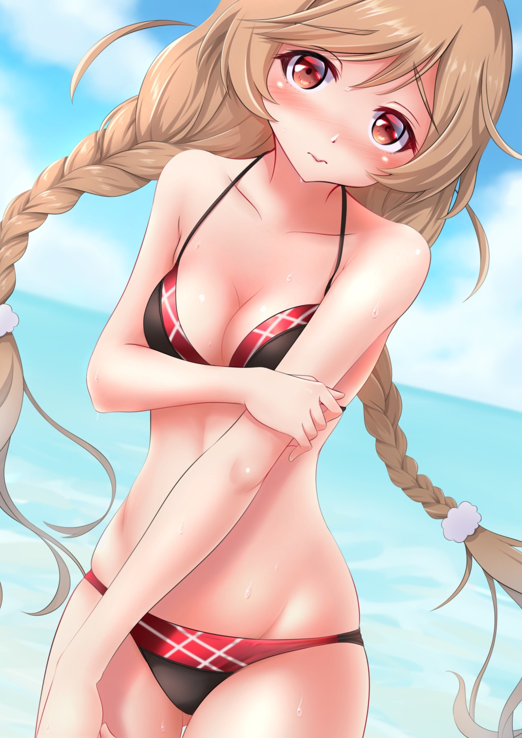 bikini breast_hold cleavage kantai_collection makura_(user_jpmm5733) minegumo_(kancolle) swimsuits wet