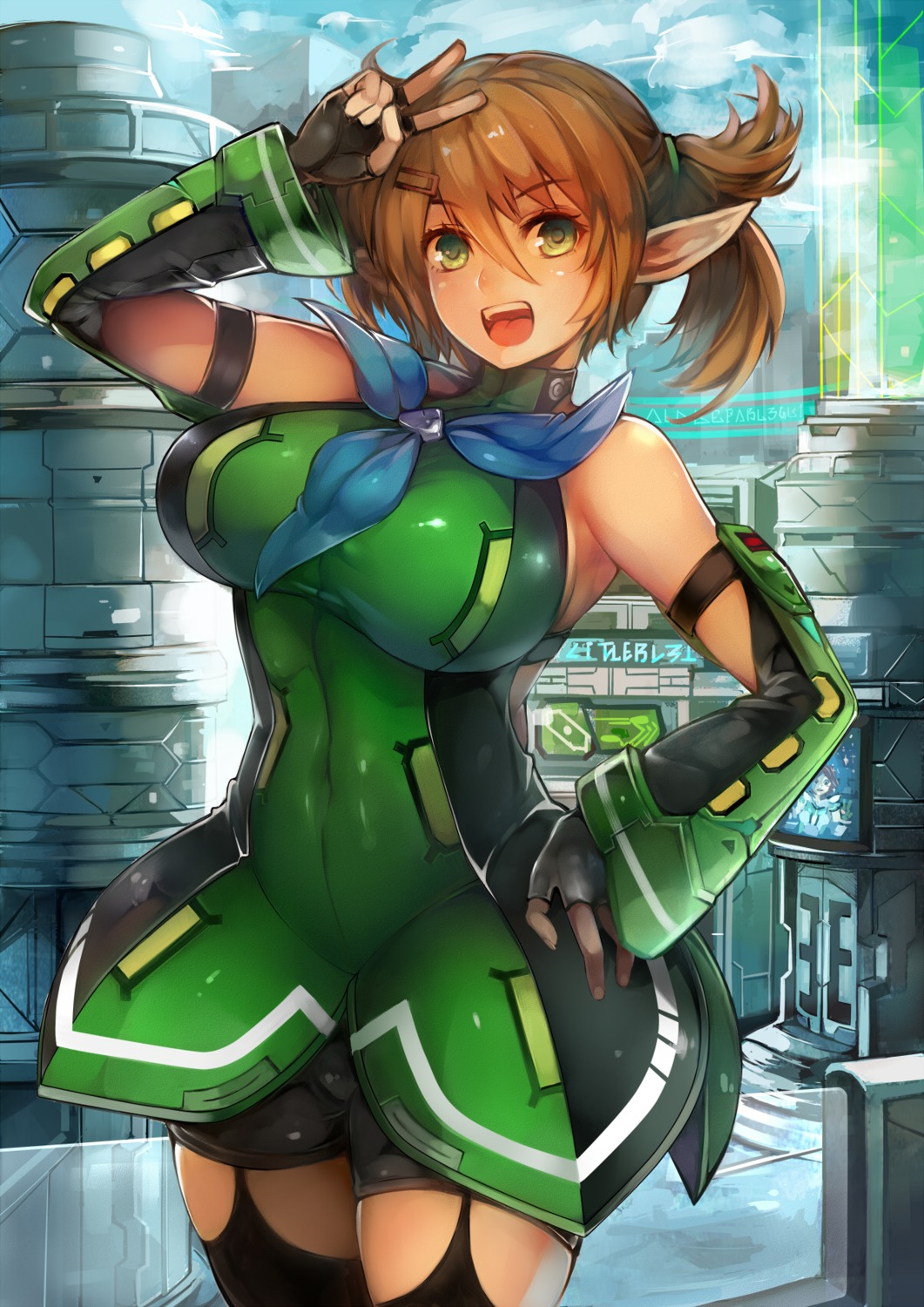 bike_shorts bodysuit harusame_ringo patty_(pso2) phantasy_star_online_2 pointy_ears stockings thighhighs