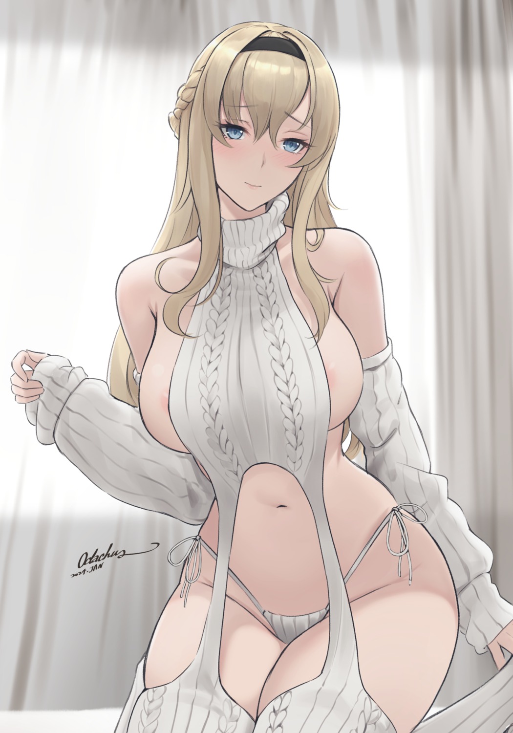 areola kantai_collection no_bra odachu pantsu stockings string_panties sweater thighhighs warspite_(kancolle)