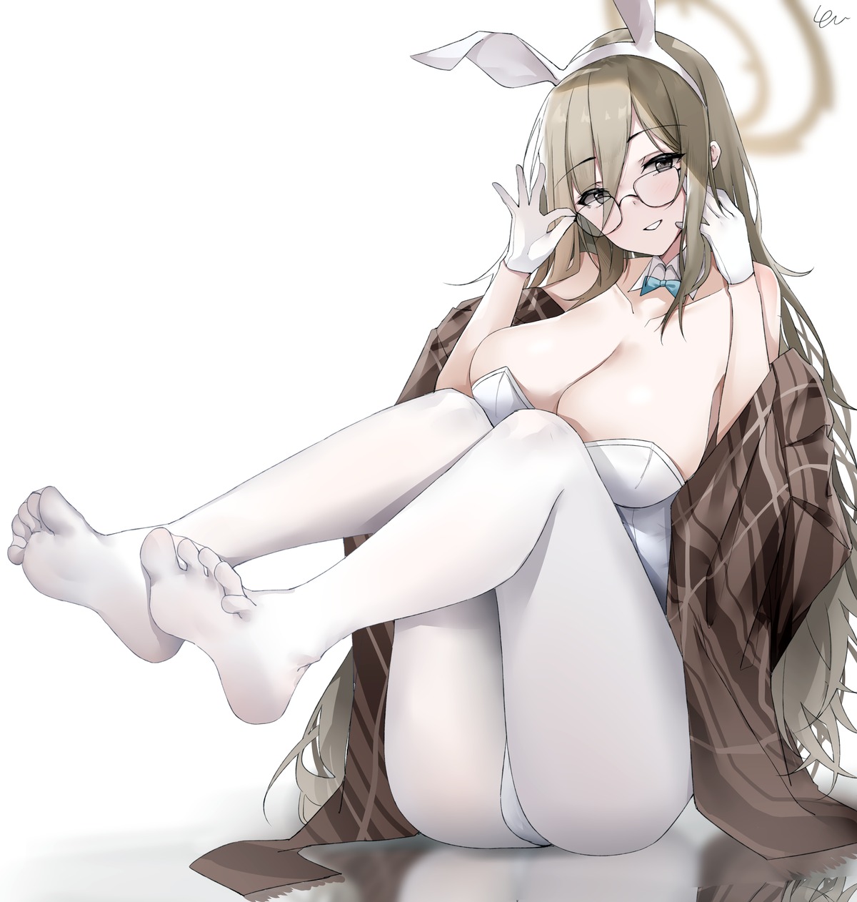 animal_ears blue_archive bunny_ears bunny_girl feet halo megane murokasa_akane no_bra pantyhose yanwulazy