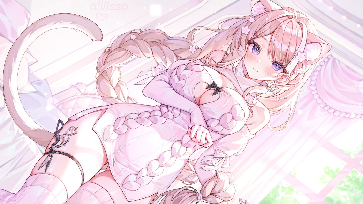 alllisso animal_ears dress garter nekomimi no_bra sakurai_hana sweater tail thighhighs vdonburi wallpaper