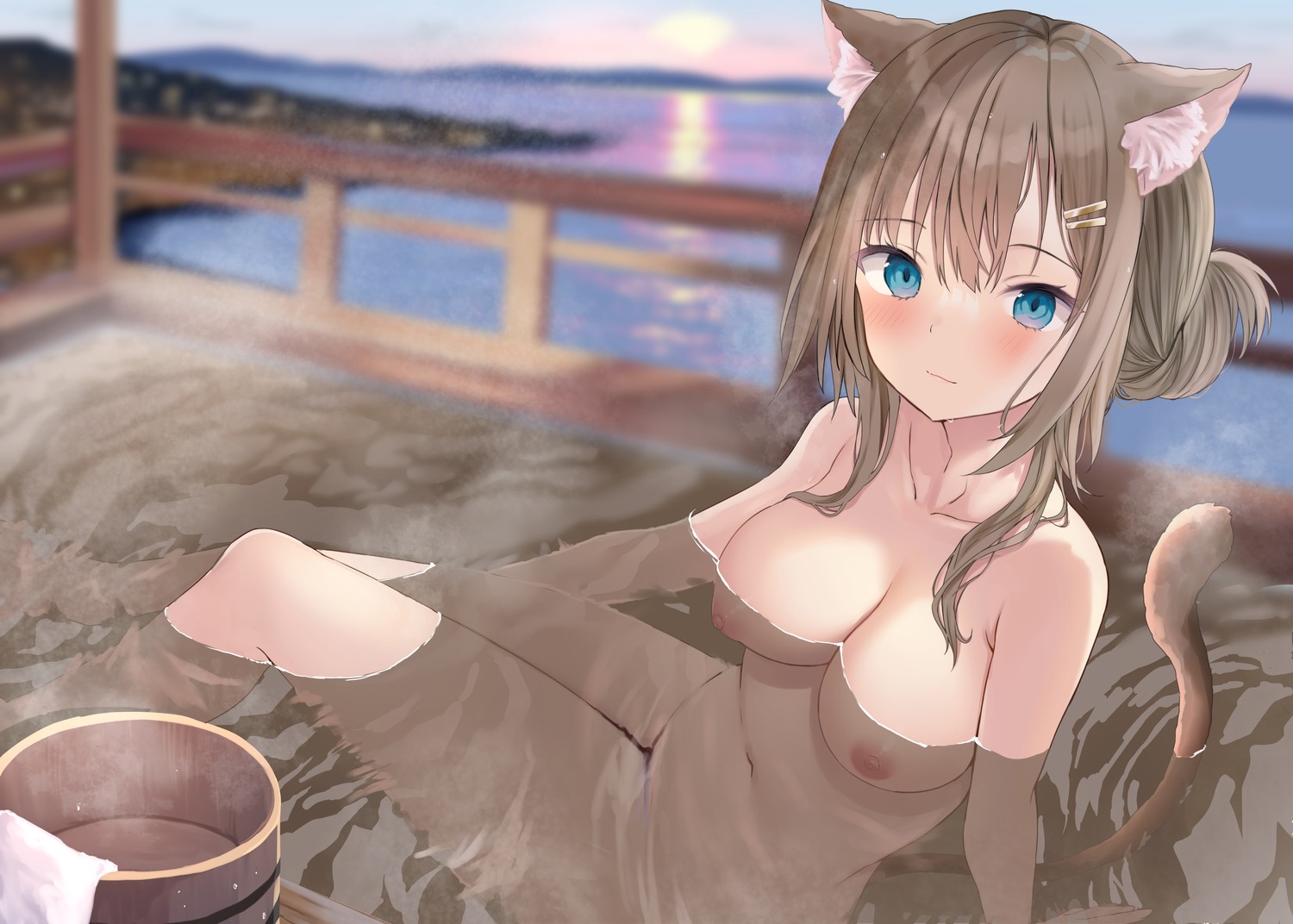 akino_ell animal_ears bathing naked nekomimi nipples onsen tail wet