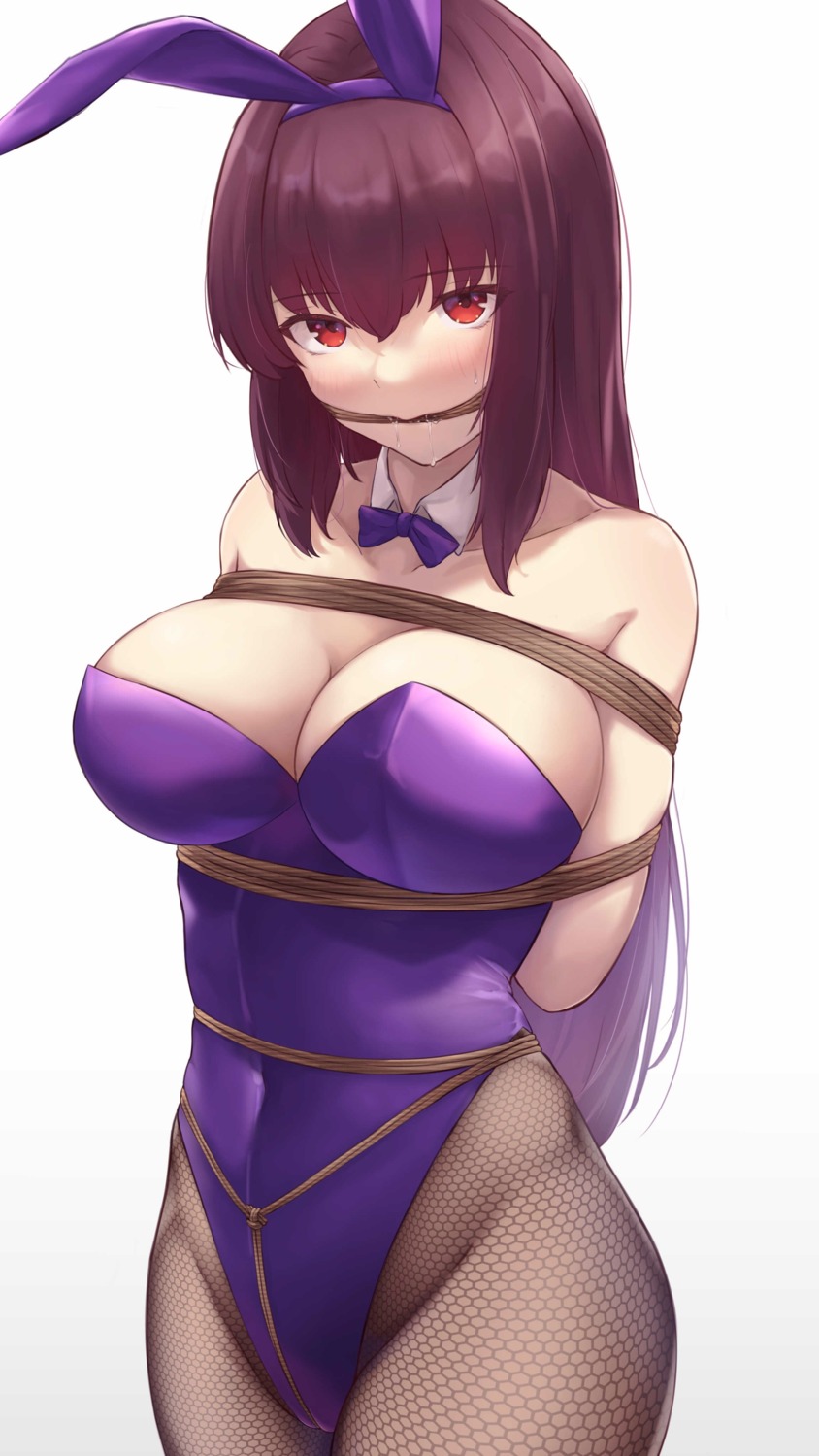 animal_ears bondage bunny_ears bunny_girl fate/grand_order fishnets fuwatoromonta no_bra pantyhose scathach_(fate/grand_order)