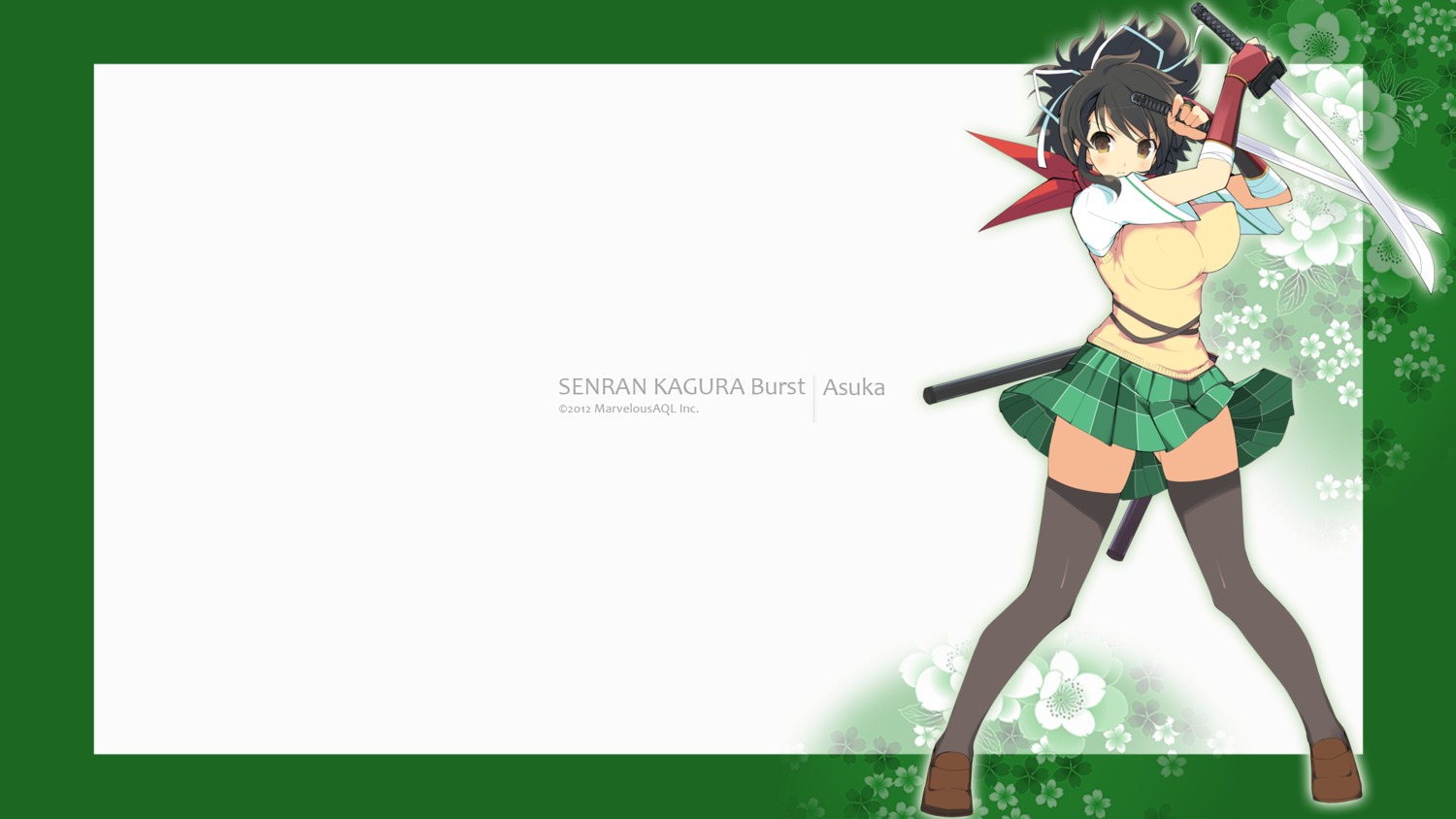 asuka_(senran_kagura) erect_nipples seifuku senran_kagura skirt_lift sweater sword thighhighs wallpaper yaegashi_nan