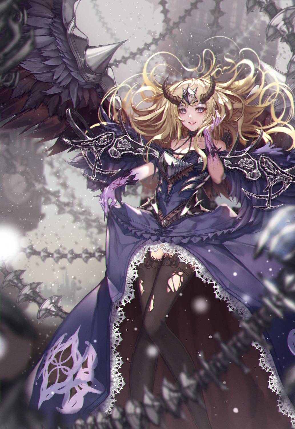 cleavage dress horns nomen skirt_lift stockings thighhighs torn_clothes wings