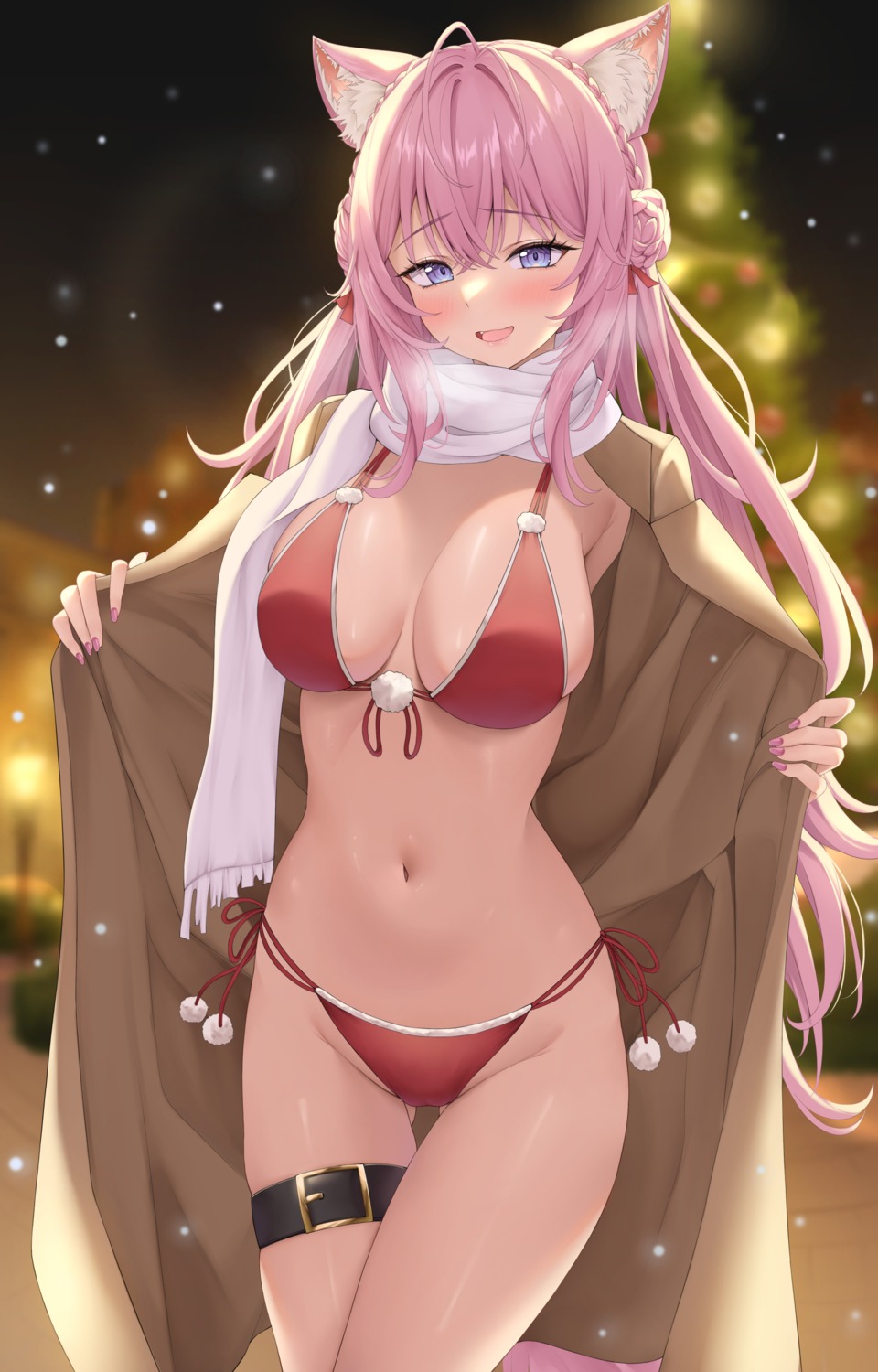 animal_ears bikini christmas garter hakui_koyori hololive open_shirt shinigami_kiraki swimsuits undressing