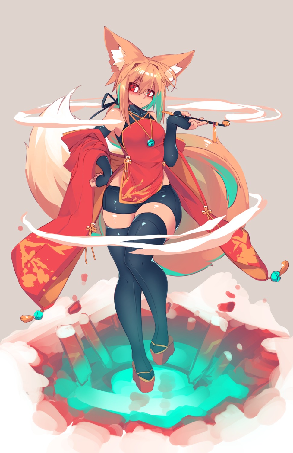 animal_ears asian_clothes bike_shorts chinadress kitsune smoking sub-res suzu_(sub-res) tail thighhighs