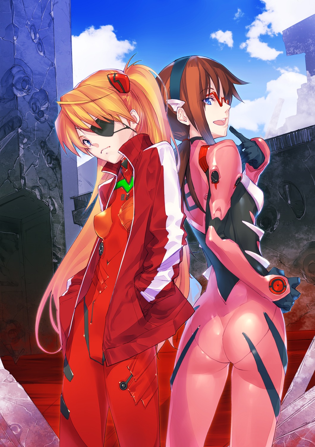 aikura_chihiro bodysuit eyepatch makinami_mari_illustrious megane neon_genesis_evangelion souryuu_asuka_langley