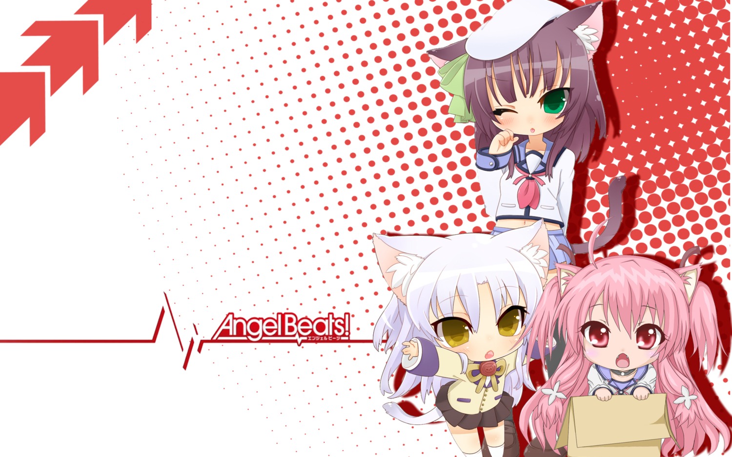 angel_beats! animal_ears chibi inuue_kiyu kuena nakamura_yuri nekomimi seifuku tachibana_kanade tail yoshioka_yui