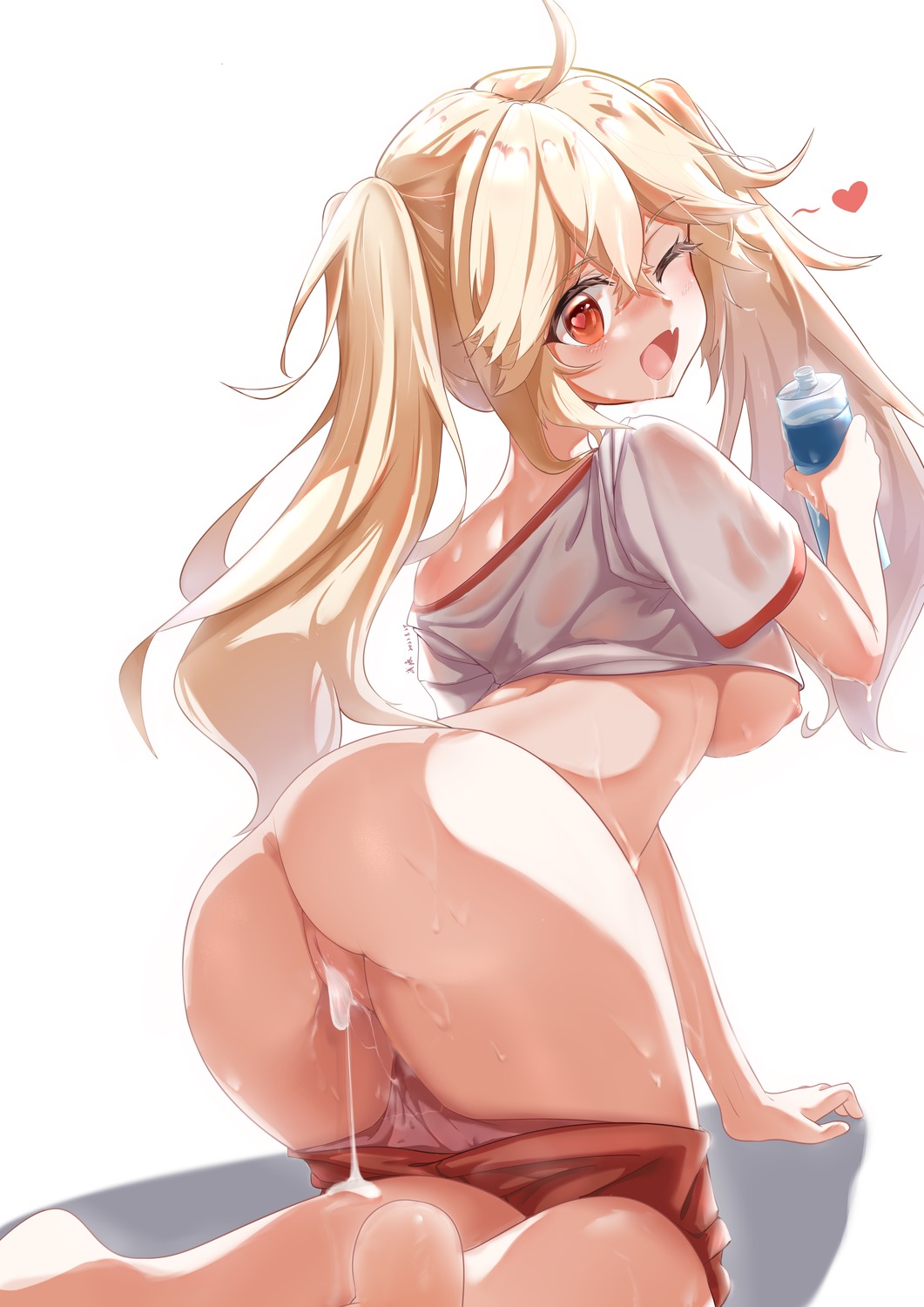 ass azur_lane bluecher_(azur_lane) breasts cum nipples no_bra pantsu panty_pull pussy pussy_juice qian_hen see_through shirt_lift uncensored