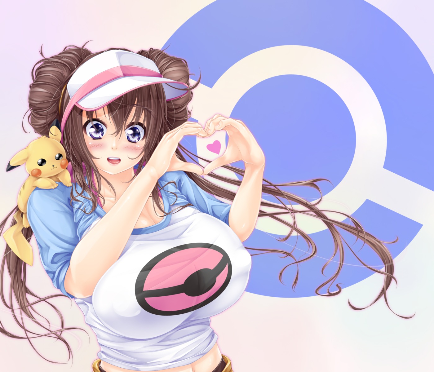 aoi_yuuri cleavage erect_nipples mei_(pokemon) no_bra pikachu pokemon pokemon_b2w2