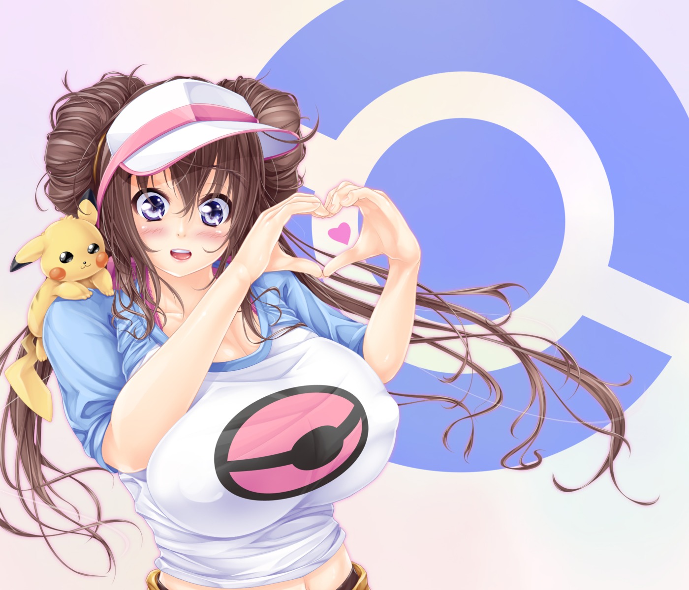 aoi_yuuri cleavage erect_nipples mei_(pokemon) no_bra pikachu pokemon pokemon_black_and_white_2
