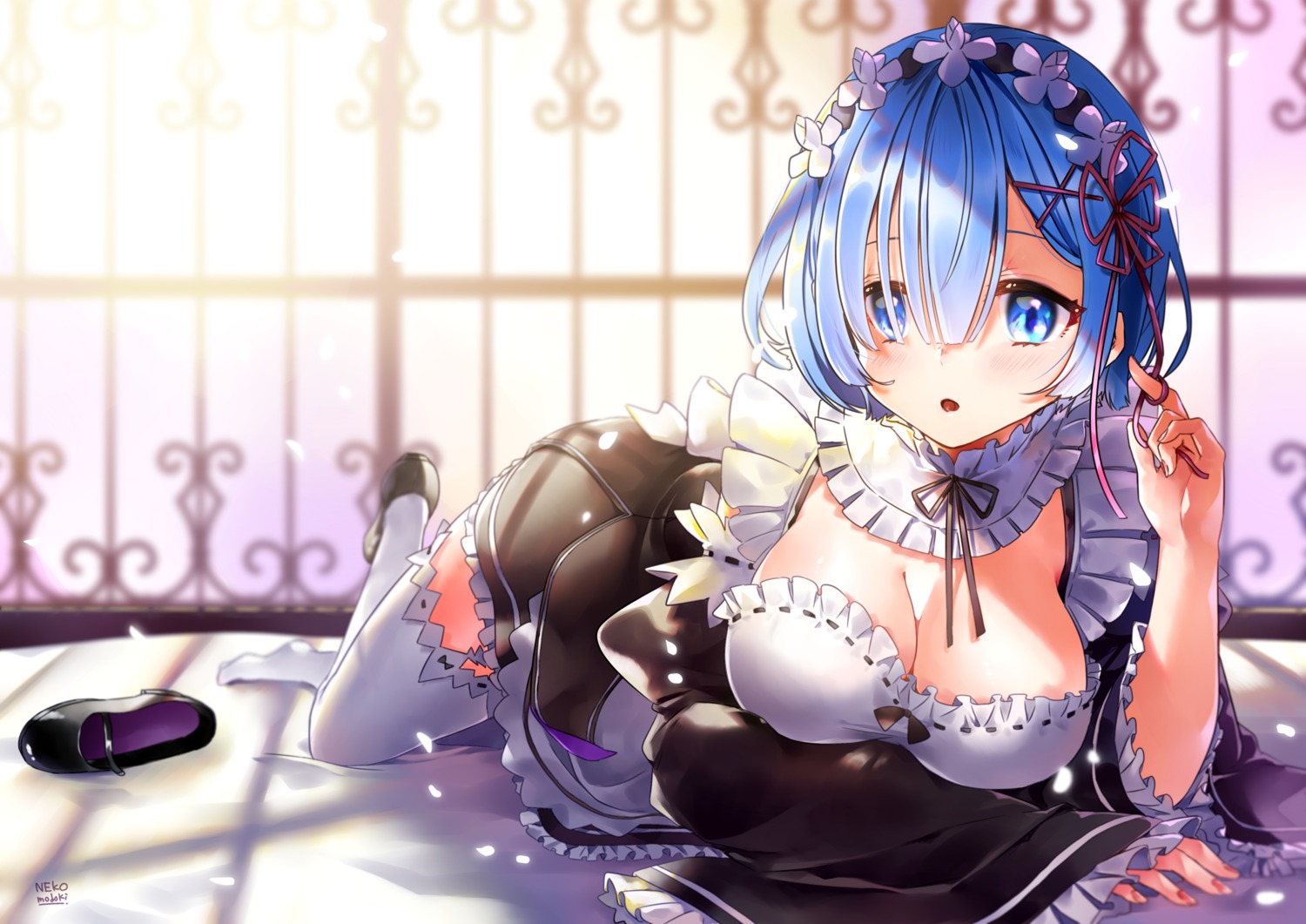 lili_mdoki maid no_bra re_zero_kara_hajimeru_isekai_seikatsu rem_(re_zero) thighhighs