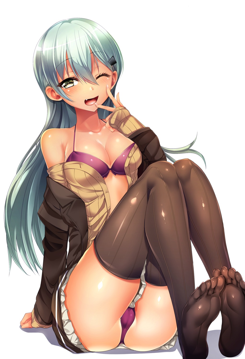 bra cameltoe cleavage feet kantai_collection open_shirt pantsu seifuku silly suzuya_(kancolle) thighhighs