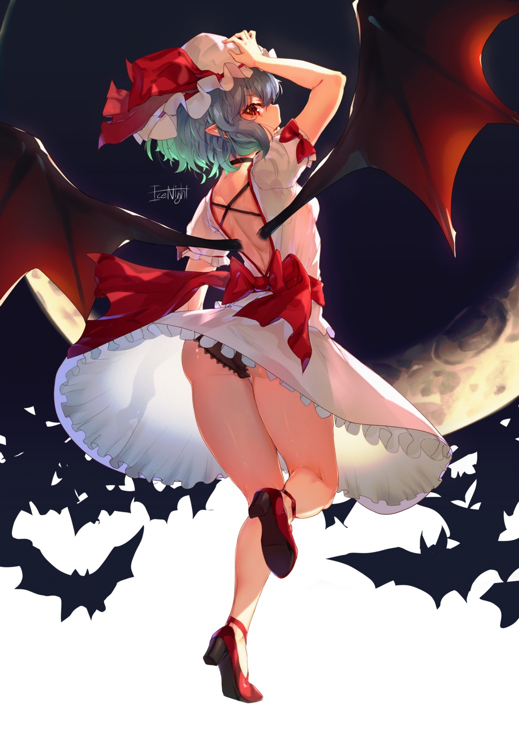 ass dress heels icenight no_bra pantsu pointy_ears remilia_scarlet see_through skirt_lift touhou wings