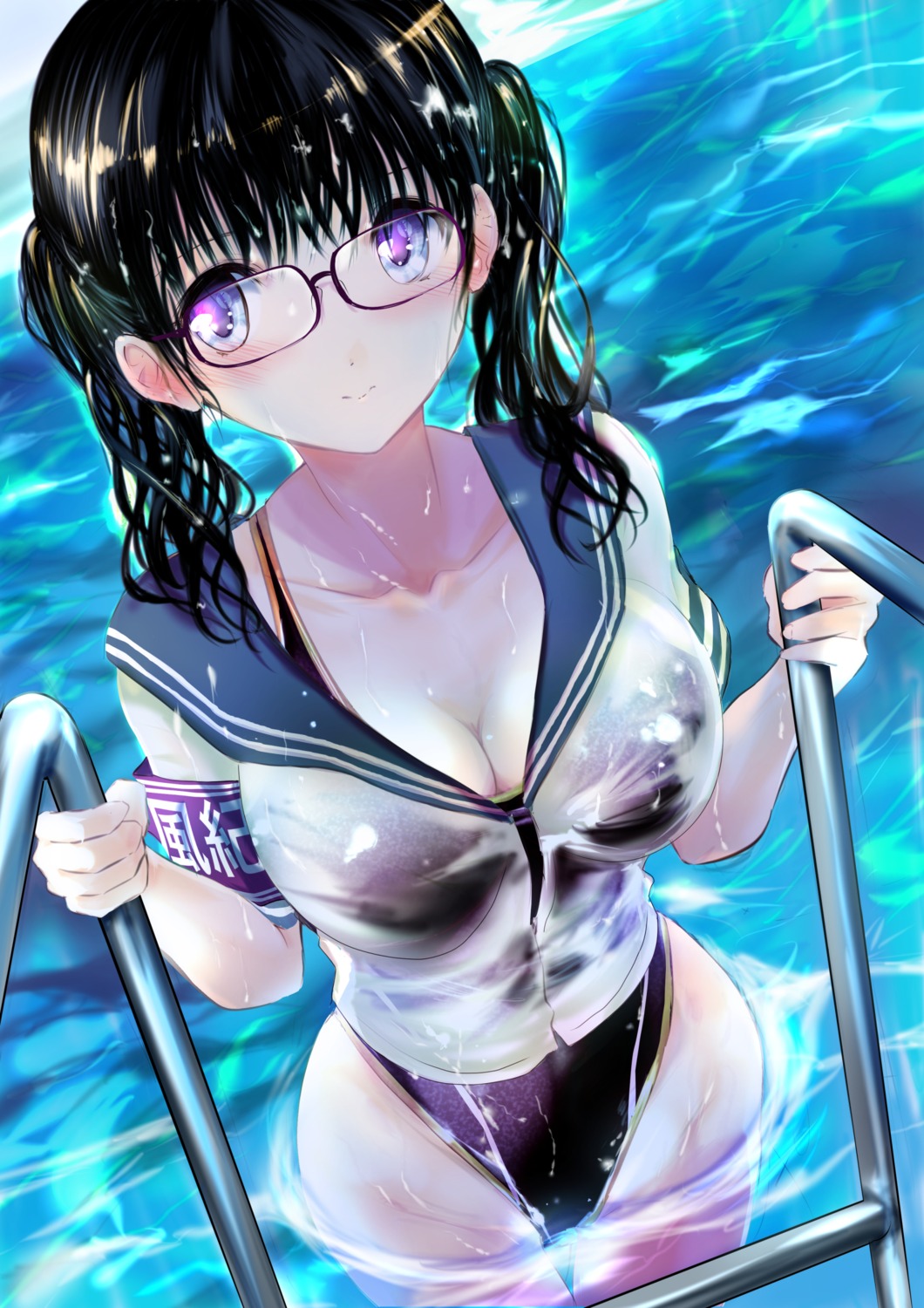 cleavage megane ogata_tei see_through seifuku swimsuits wet wet_clothes