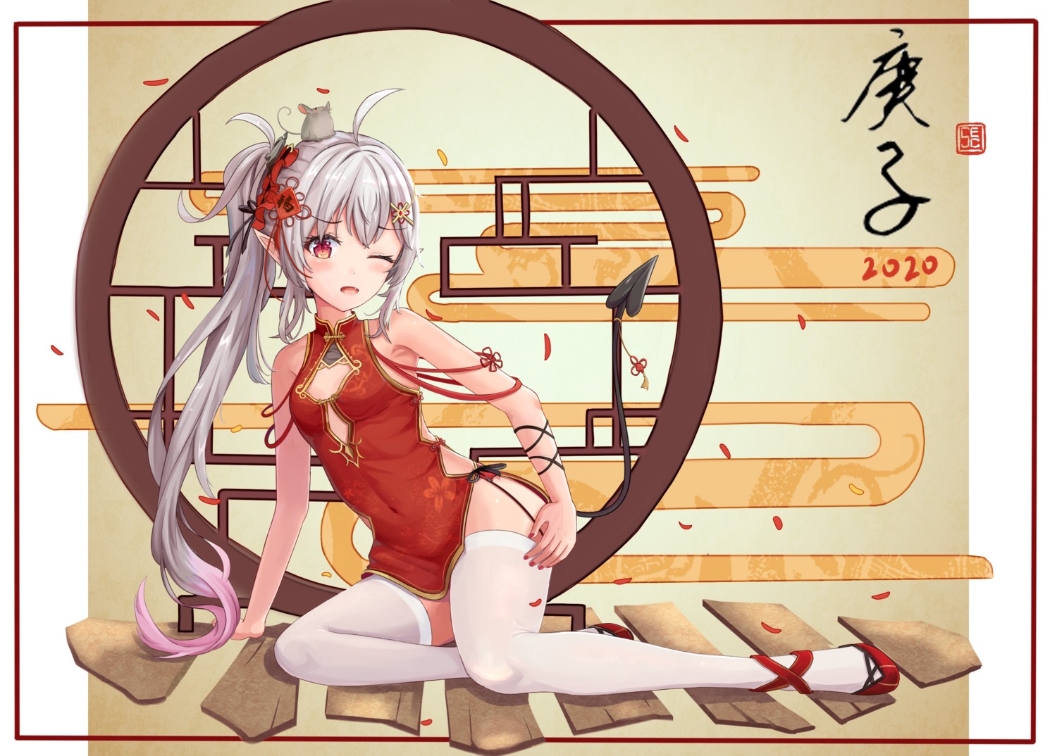 chinadress cleavage pointy_ears sechka tail thighhighs