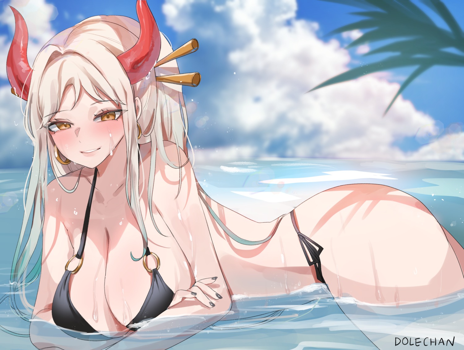 bikini breast_hold devil dolechan horns one_piece swimsuits wet yamato_(one_piece)