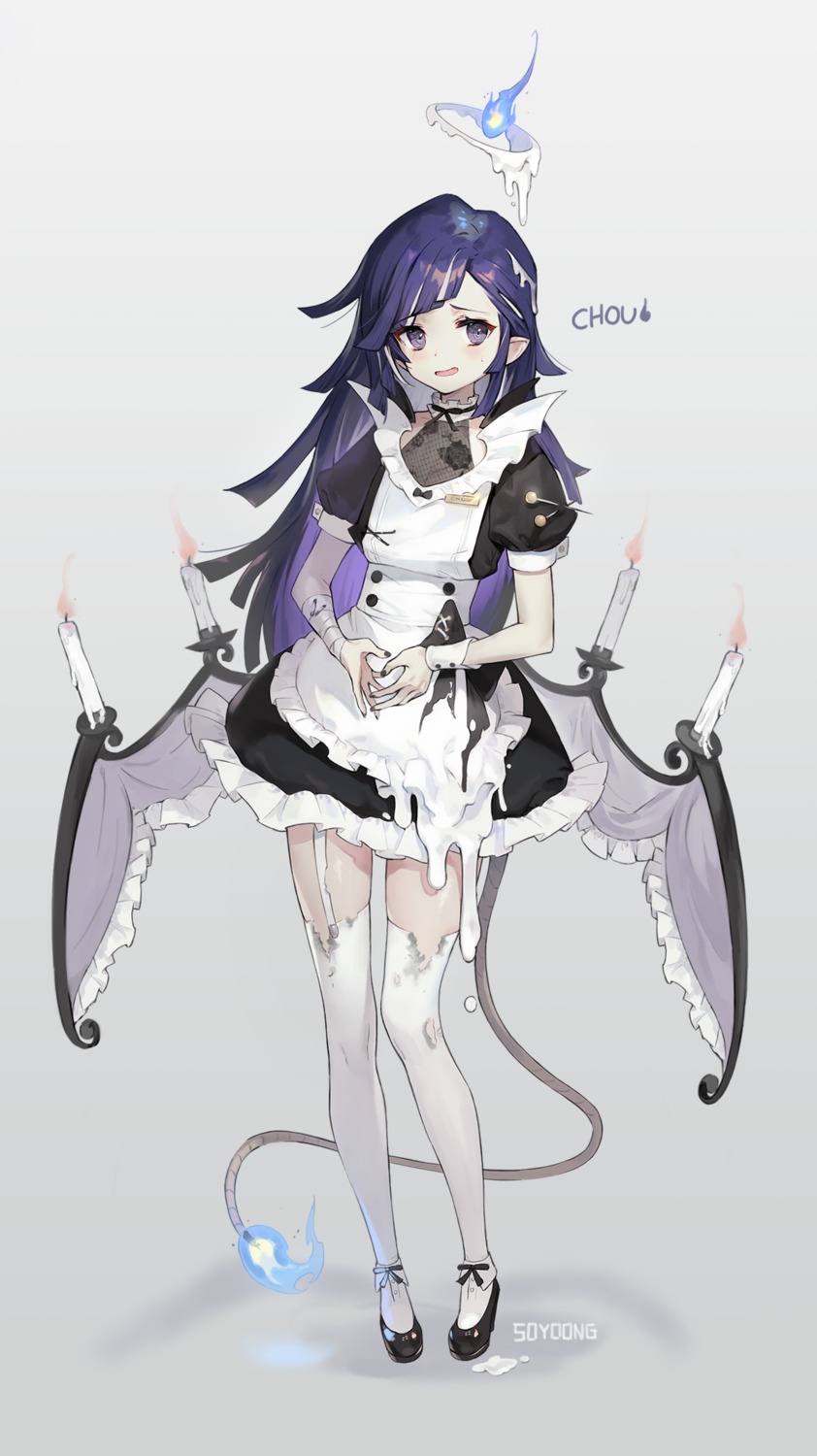 bandages maid pointy_ears soyoong_jun stockings tail thighhighs torn_clothes wings