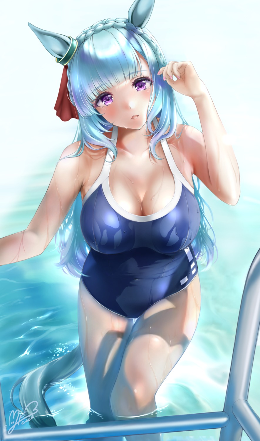 animal_ears cleavage mejiro_ardan_(umamusume) miki_lutecia school_swimsuit swimsuits tail uma_musume_pretty_derby wet