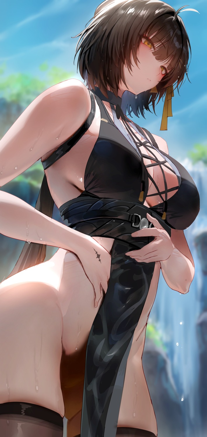 asian_clothes censored female_rover no_bra nopan pubic_hair rororo skirt_lift tattoo thighhighs wet wuthering_waves