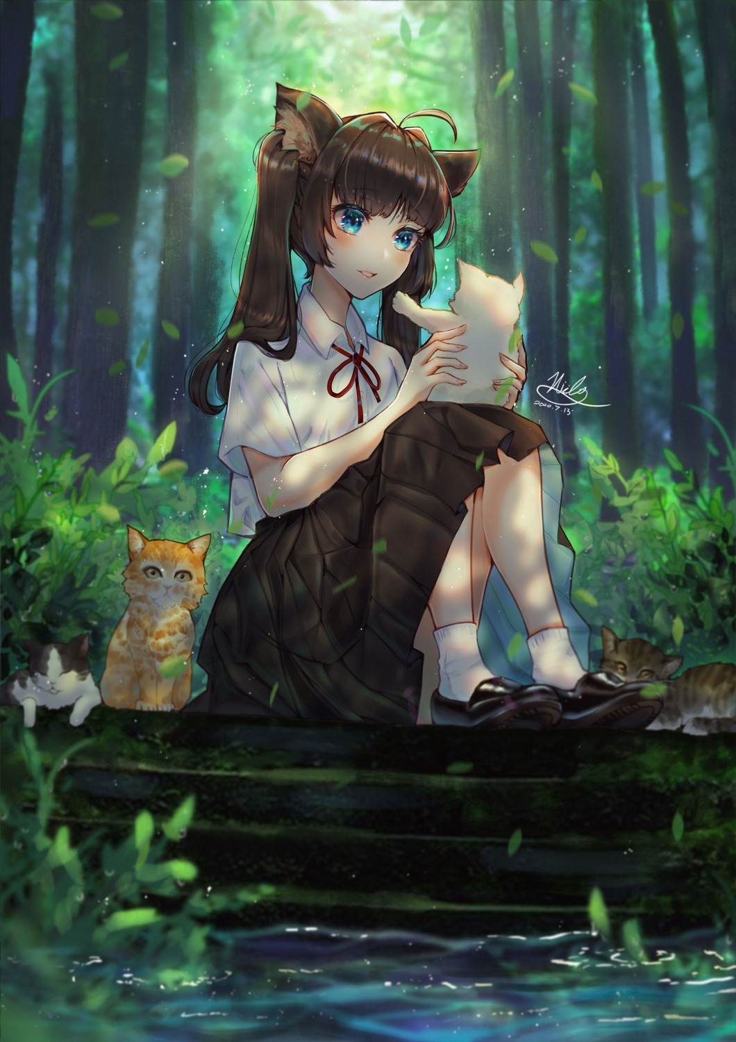 animal_ears neko nicccolee seifuku skirt_lift