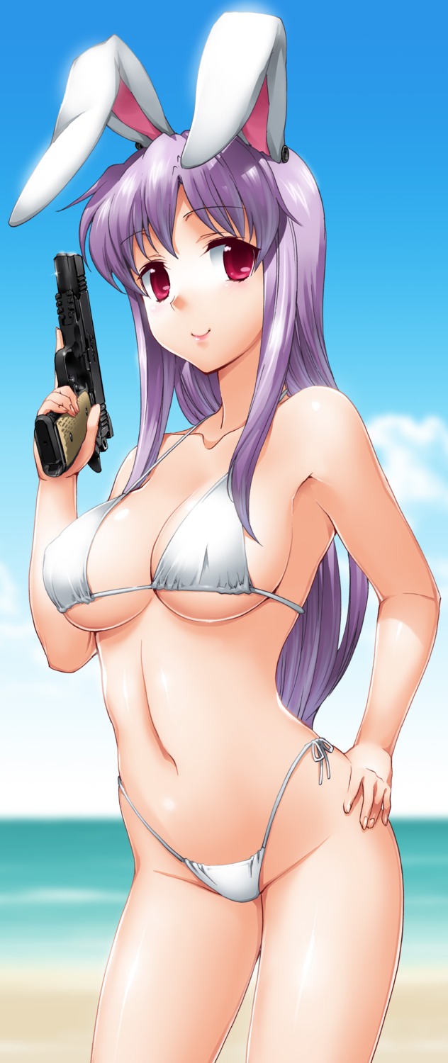 animal_ears bikini bunny_ears byeontae_jagga cleavage gun reisen_udongein_inaba swimsuits touhou