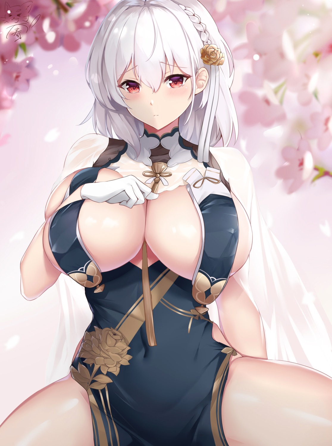 asian_clothes azur_lane breast_hold chun-ge erect_nipples no_bra sirius_(azur_lane)