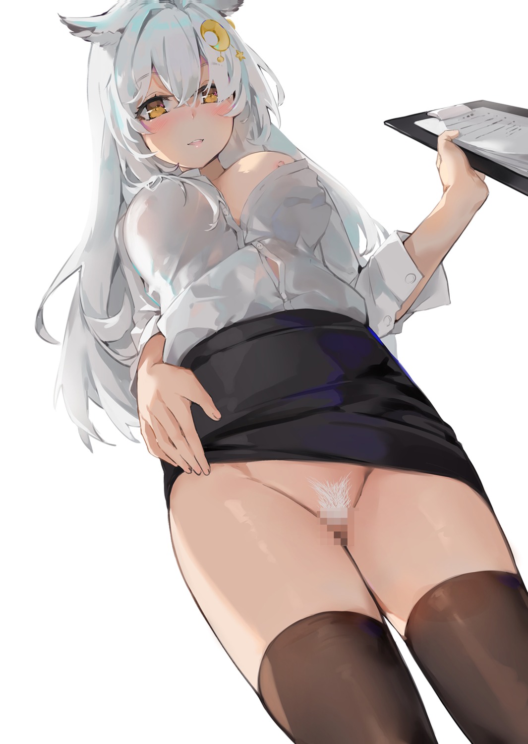 animal_ears censored dema_hmw dress_shirt thighhighs