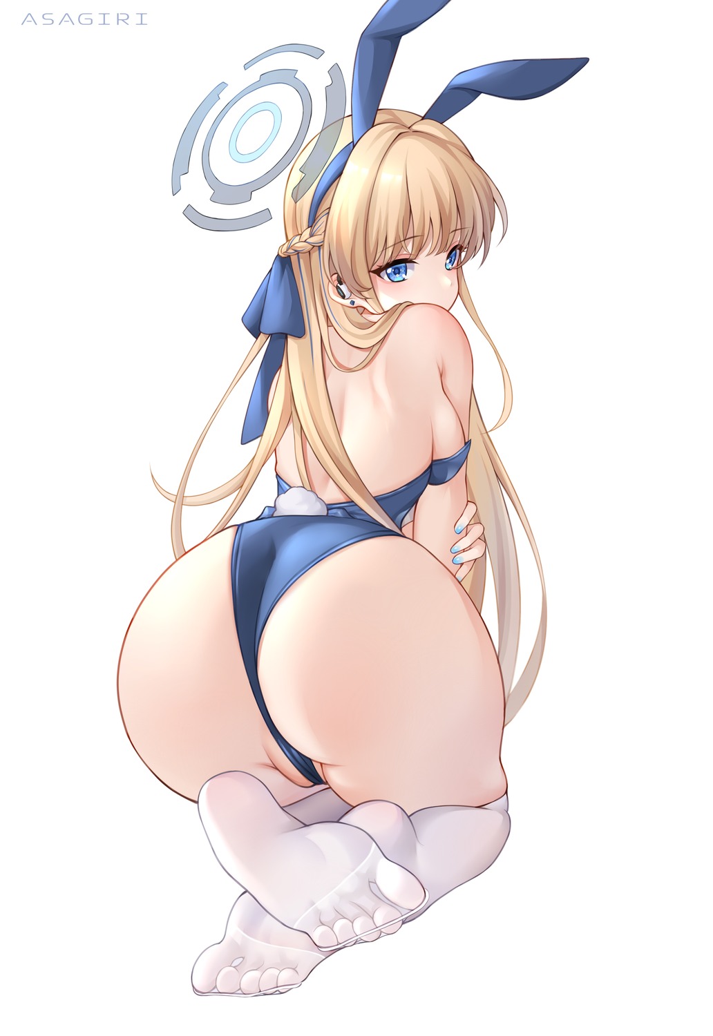 animal_ears asagiri_ai ass asuma_toki blue_archive bunny_ears bunny_girl cameltoe feet halo no_bra tail thighhighs