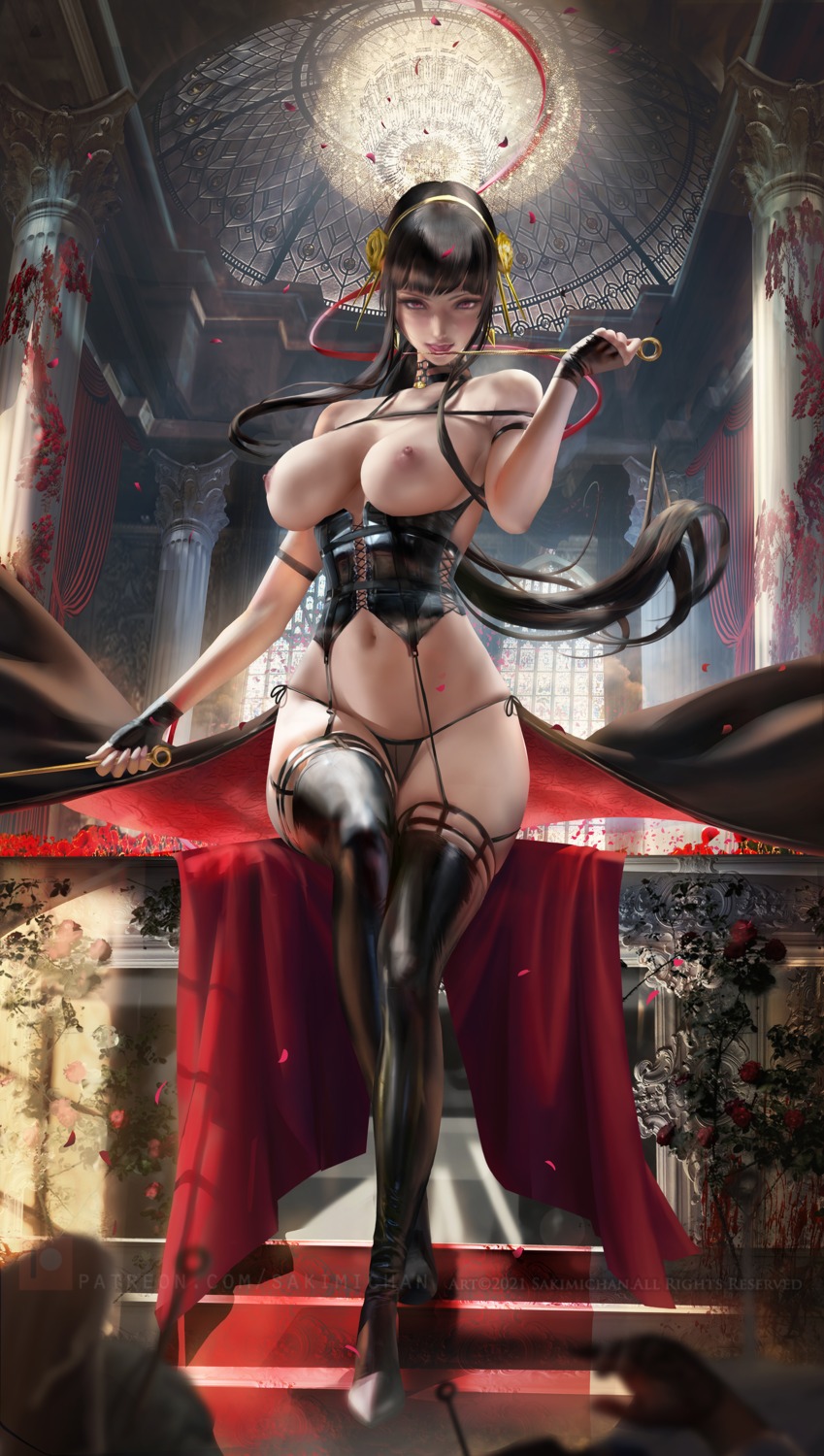 corset nipples no_bra pantsu sakimichan spy_x_family stockings thighhighs thong weapon yor_briar