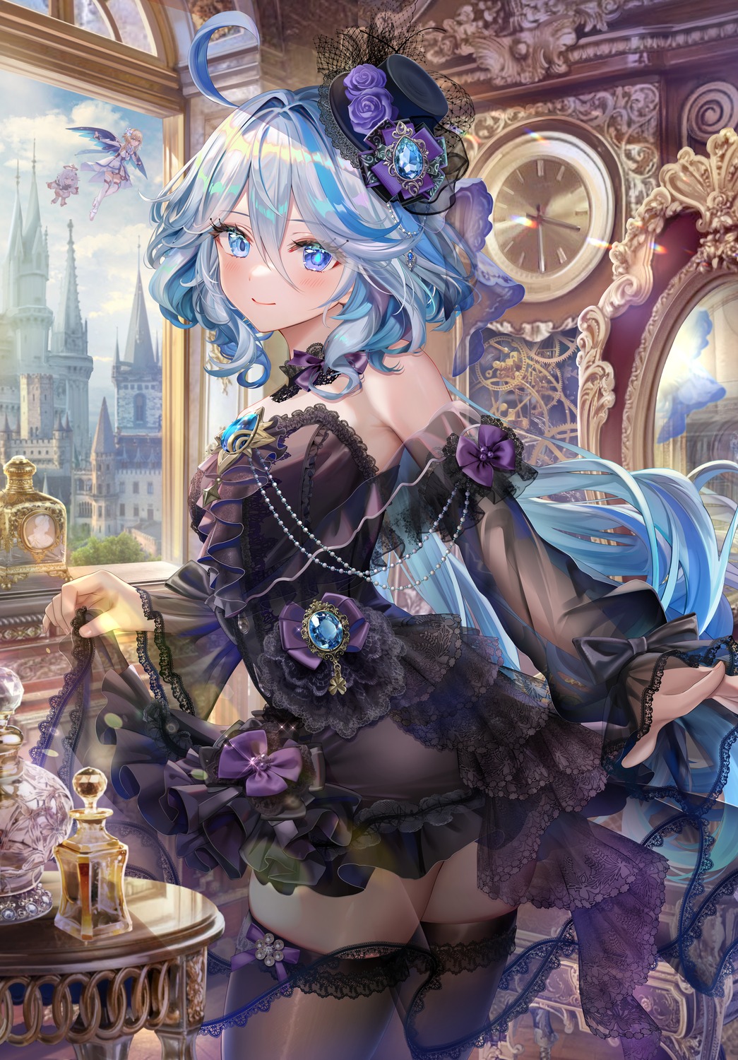 dress furina genshin_impact gothic_lolita heterochromia lolita_fashion lumine paimon see_through thighhighs torino_akua wings