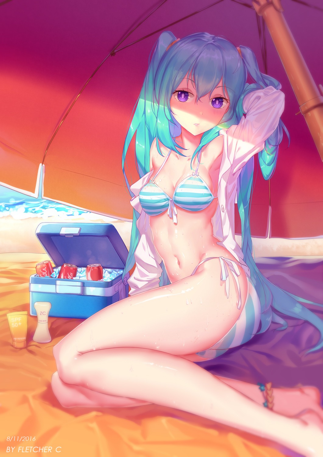 bikini cleavage dress_shirt fletcher_chang hatsune_miku open_shirt see_through swimsuits vocaloid wet_clothes