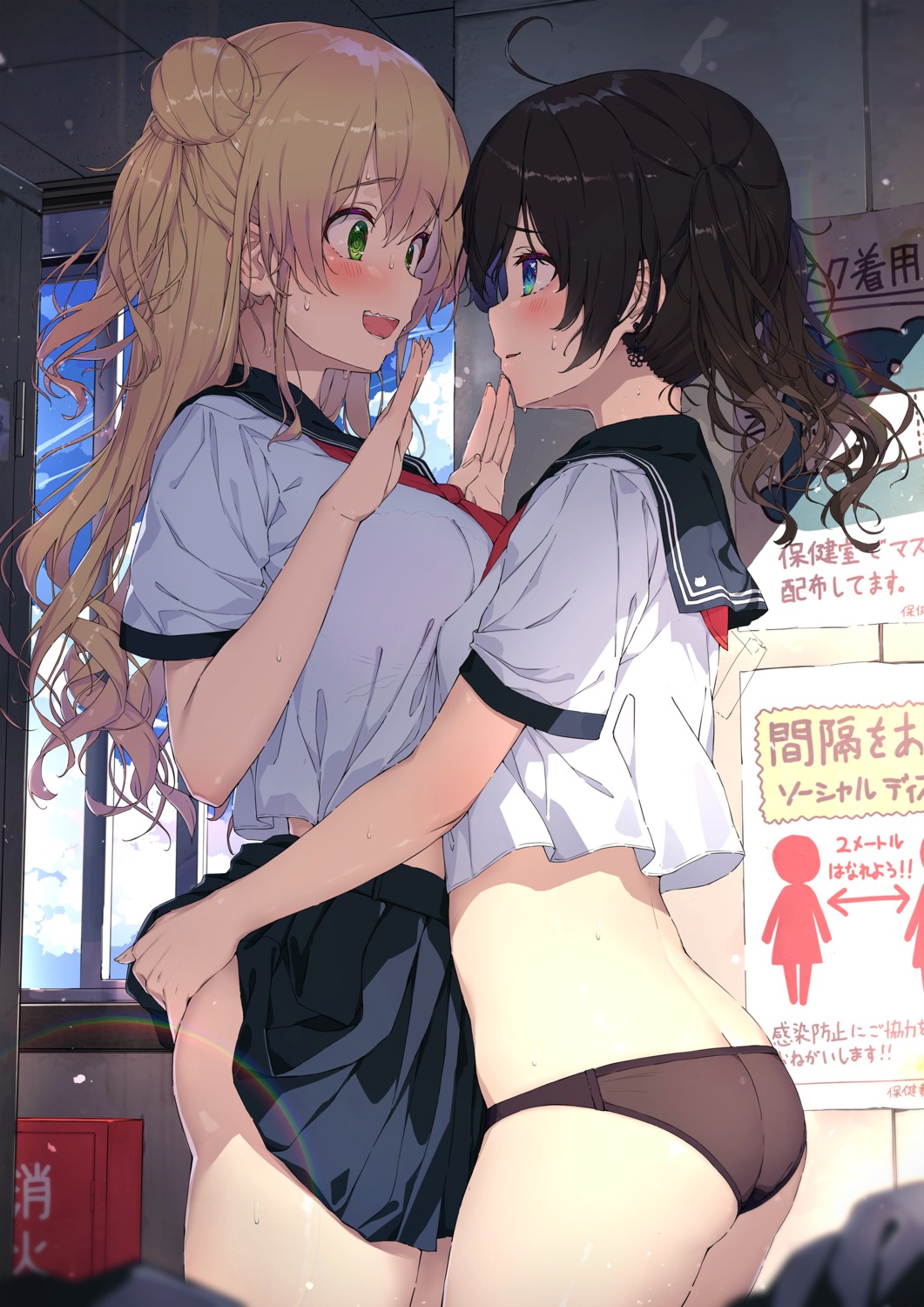 ass bra hololive momosuzu_nene natsuiro_matsuri pantsu see_through seifuku skirt_lift sy4 symmetrical_docking yuri