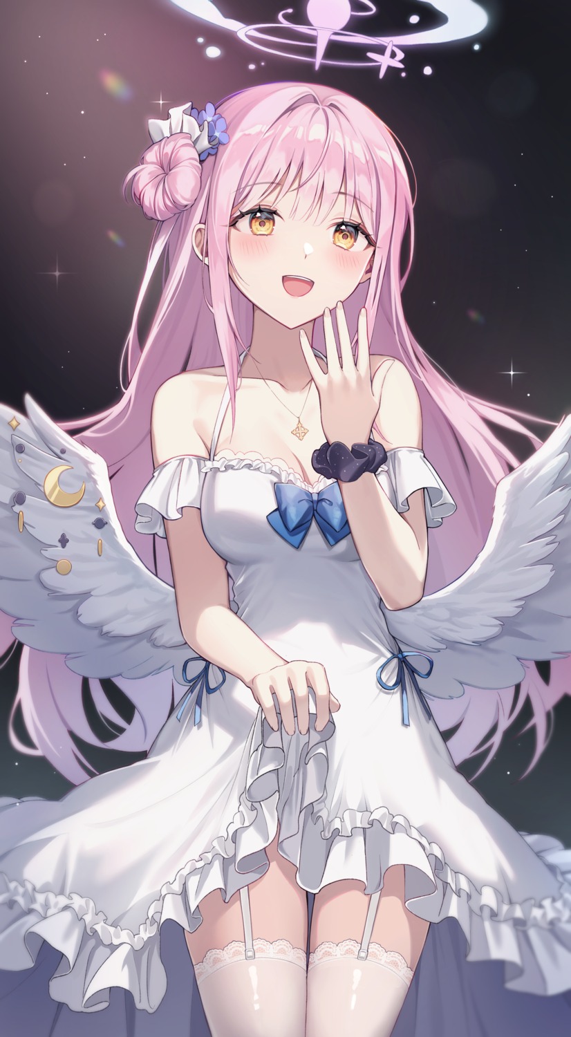 angel blue_archive dress misono_mika monjja skirt_lift stockings thighhighs wings