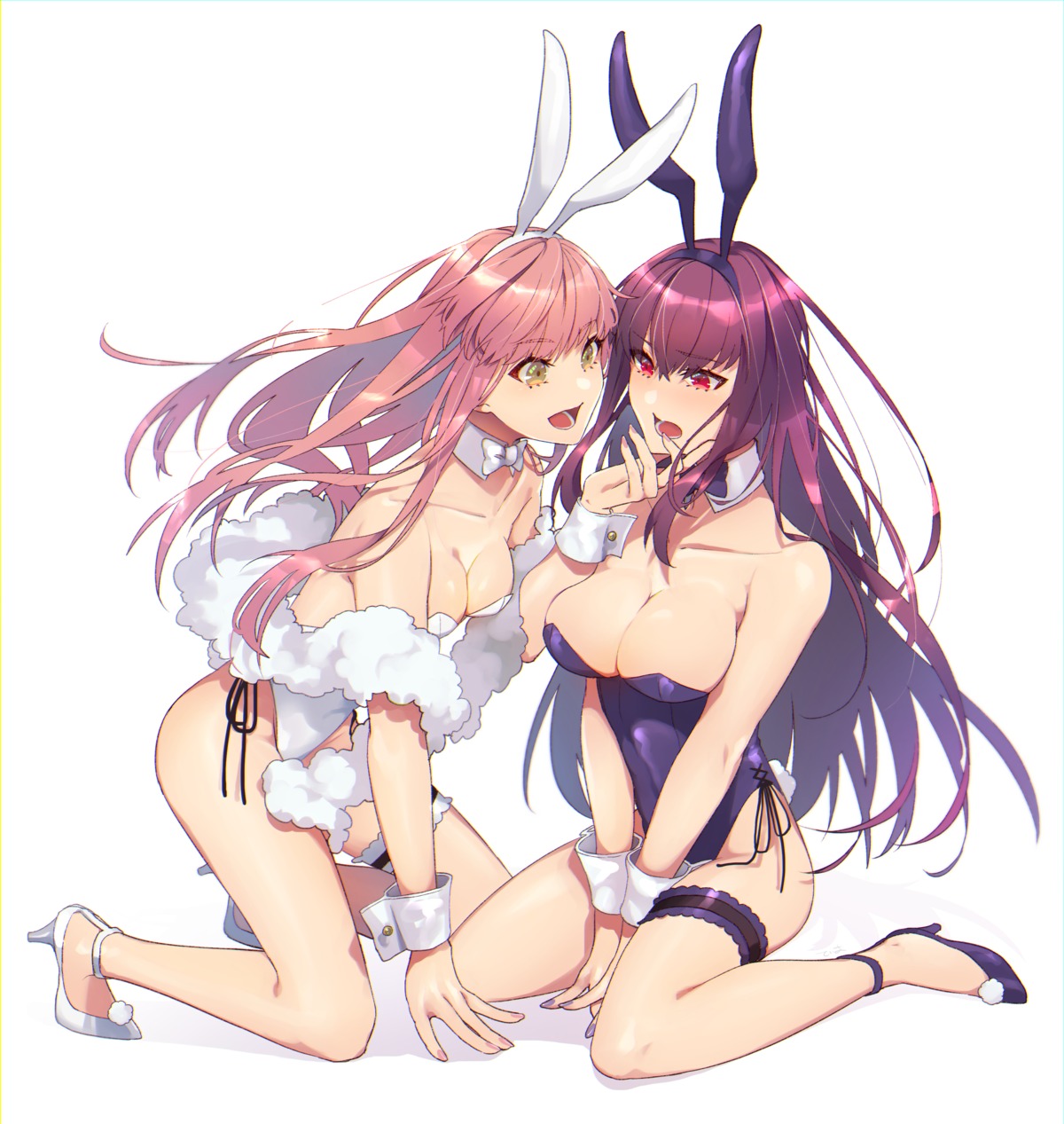 animal_ears bunny_ears bunny_girl fate/grand_order garter heels medb_(fate/grand_order) no_bra scathach_(fate/grand_order) tail tia_(cocorosso) yuri