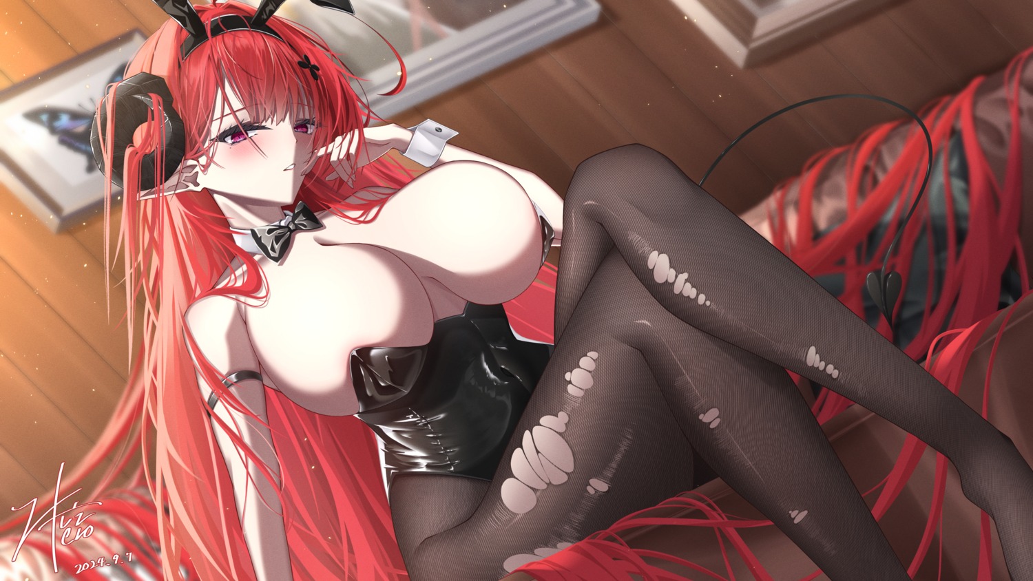 animal_ears azur_lane bunny_ears bunny_girl hindenburg_(azur_lane) horns no_bra pantyhose pointy_ears torn_clothes z_shitei_ero