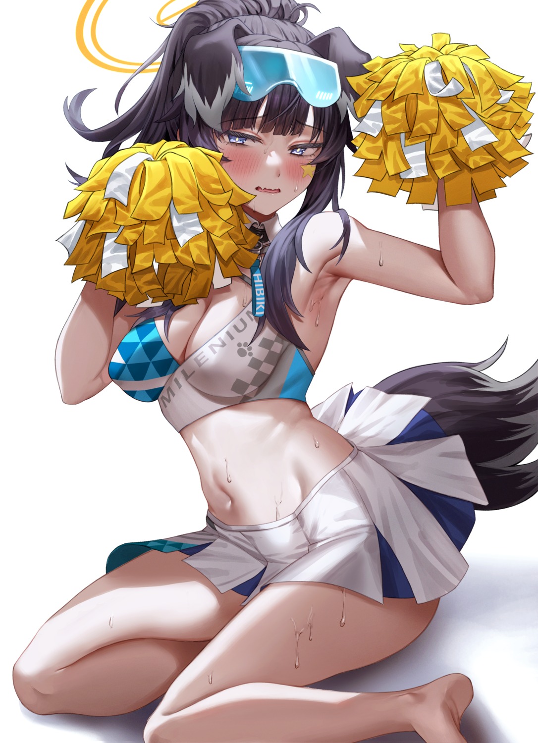 animal_ears blue_archive cheerleader halo inumimi nekozuka_hibiki no_bra nompang tail tattoo wet