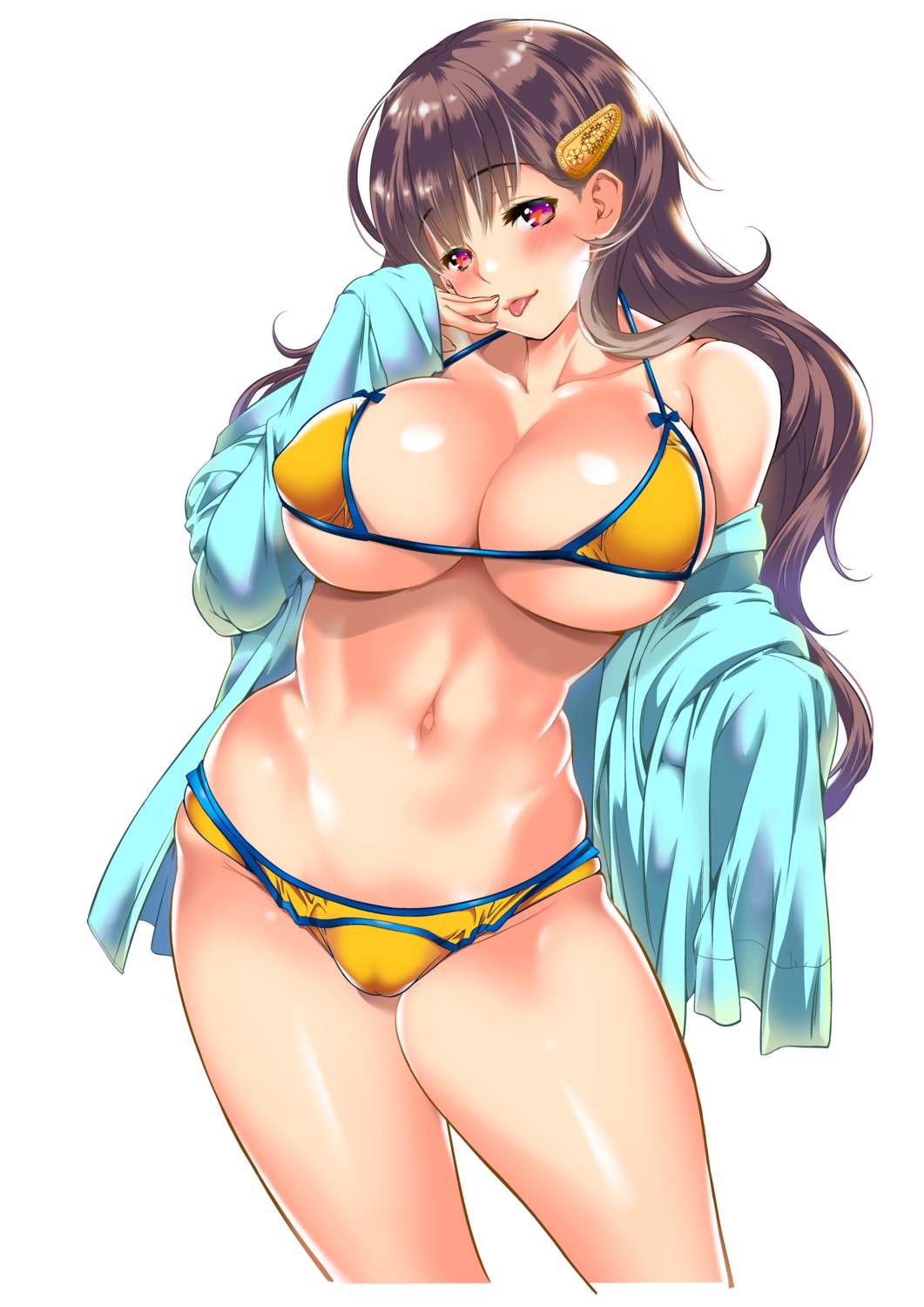 bikini cameltoe cleavage erect_nipples open_shirt shigaoka_touki swimsuits underboob