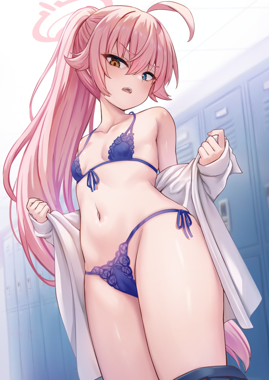 blue_archive bra cameltoe halo heterochromia lingerie loli milkshake open_shirt pantsu seifuku string_panties takanashi_hoshino thong undressing
