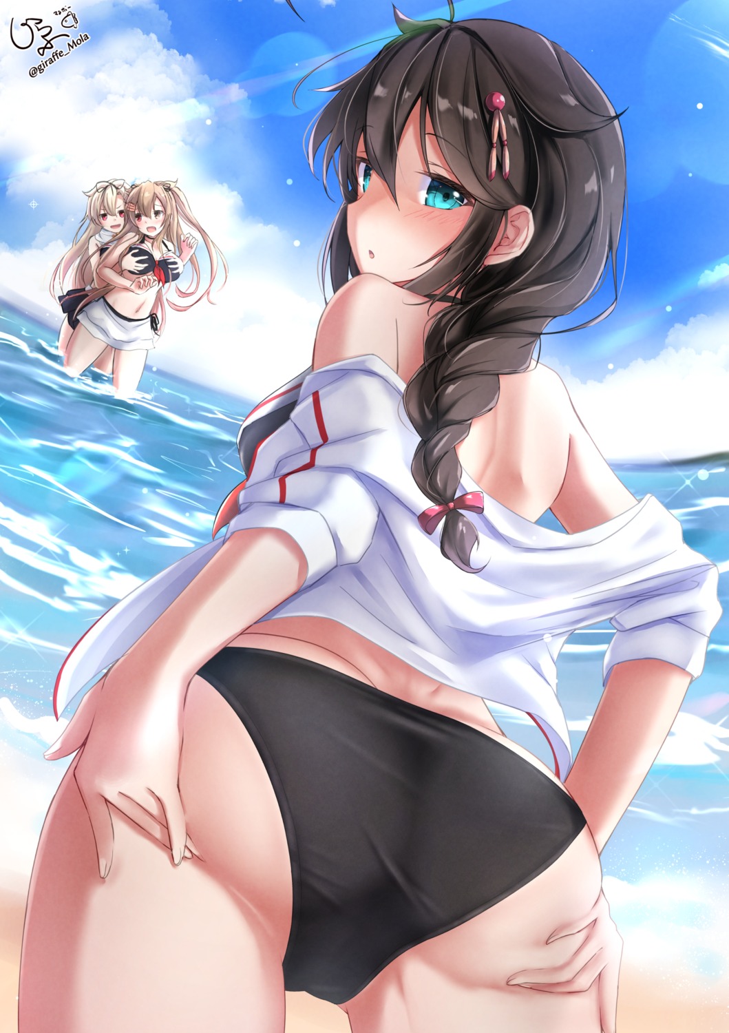 ass ass_grab bikini breast_grab cameltoe giraffe_(ilconte) heterochromia kantai_collection murasame_(kancolle) open_shirt shigure_(kancolle) swimsuits wet yuri yuudachi_(kancolle)