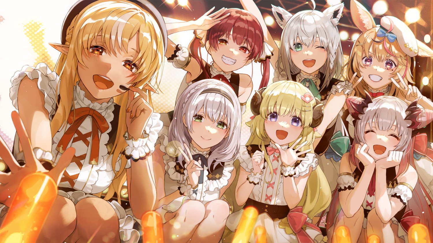 animal_ears crossover elf heterochromia hololive hololive_gamers honey_strap horns houshou_marine kitsune kotatiyu nanashi_inc. omaru_polka pointy_ears shirakami_fubuki shiranui_flare shirogane_noel skirt_lift suou_patra tsunomaki_watame